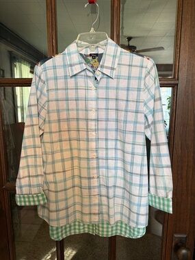Shana Womens Mixed Media Patchwork Button Down Shirt Plaid Floral Gingham Blue M